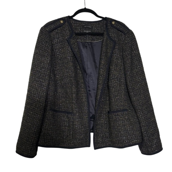 Talbots Knit Metallic Tweed Blazer Plaid Olive Navy Blue Size 20W Academia - Picture 1 of 12